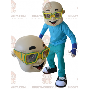 BIGGYMONKEY™ Maskottchenkostüm Glatzkopf mit gelber Brille -