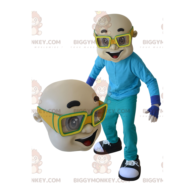BIGGYMONKEY™ Mascot Costume Bald Man With Yellow Glasses -