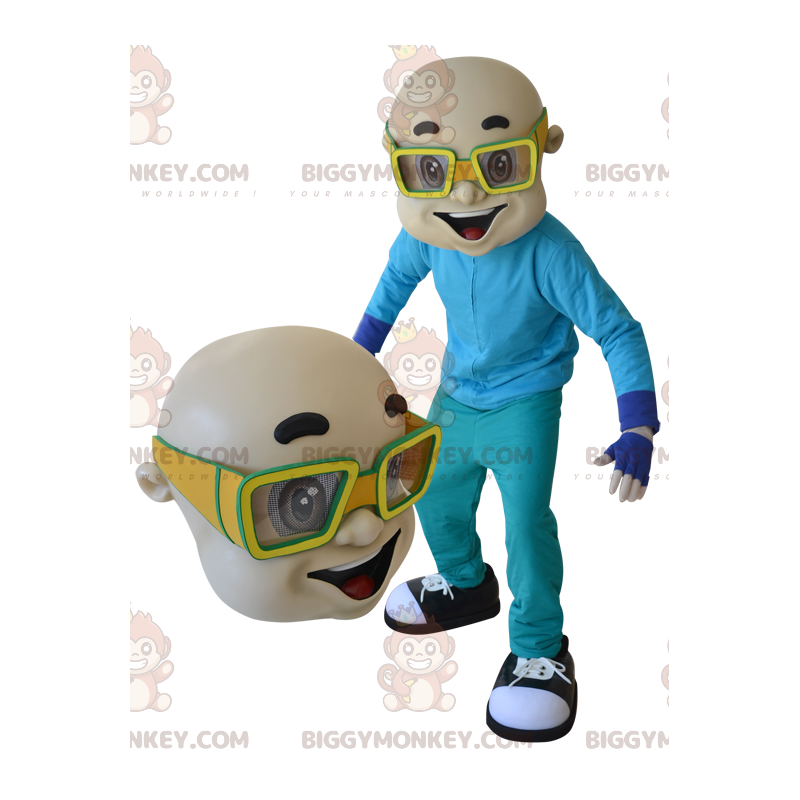 BIGGYMONKEY™ Maskottchenkostüm Glatzkopf mit gelber Brille -