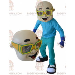 BIGGYMONKEY™ maskotkostume skaldet mand med gule briller -