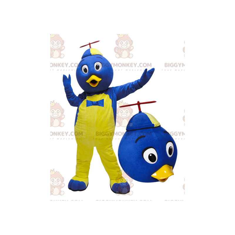 Kostým maskota modrého a žlutého ptáka BIGGYMONKEY™ s kloboukem