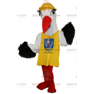 Black and White Stork BIGGYMONKEY™ maskottiasu keltaisella