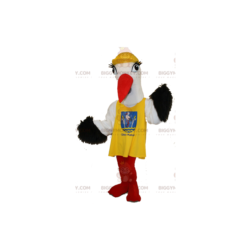 Svart och vit stork BIGGYMONKEY™ maskotdräkt med gul haklapp -