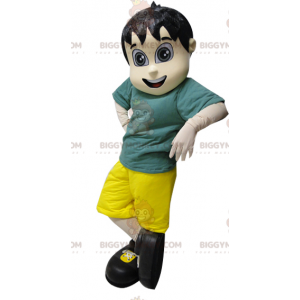 Junges braunes BIGGYMONKEY™-Maskottchen-Kostüm im grün-gelben