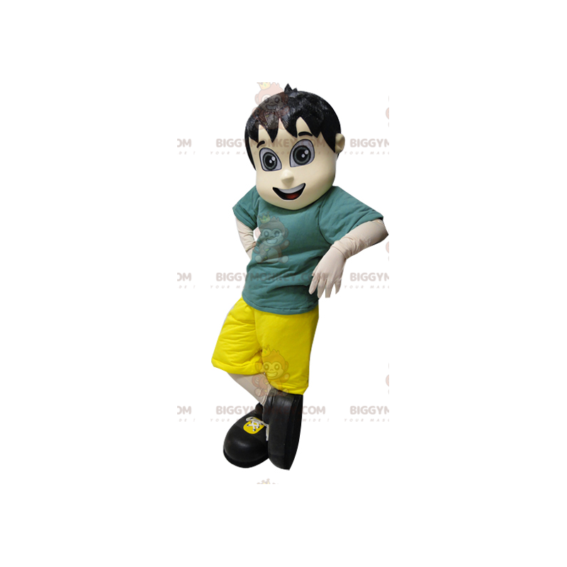 Young Brown Boy BIGGYMONKEY™ Mascot Costume in Green and Yellow