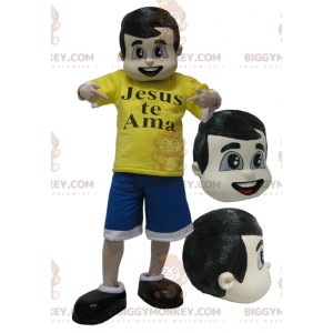 Brown boy BIGGYMONKEY™ mascot costume dressed in blue and