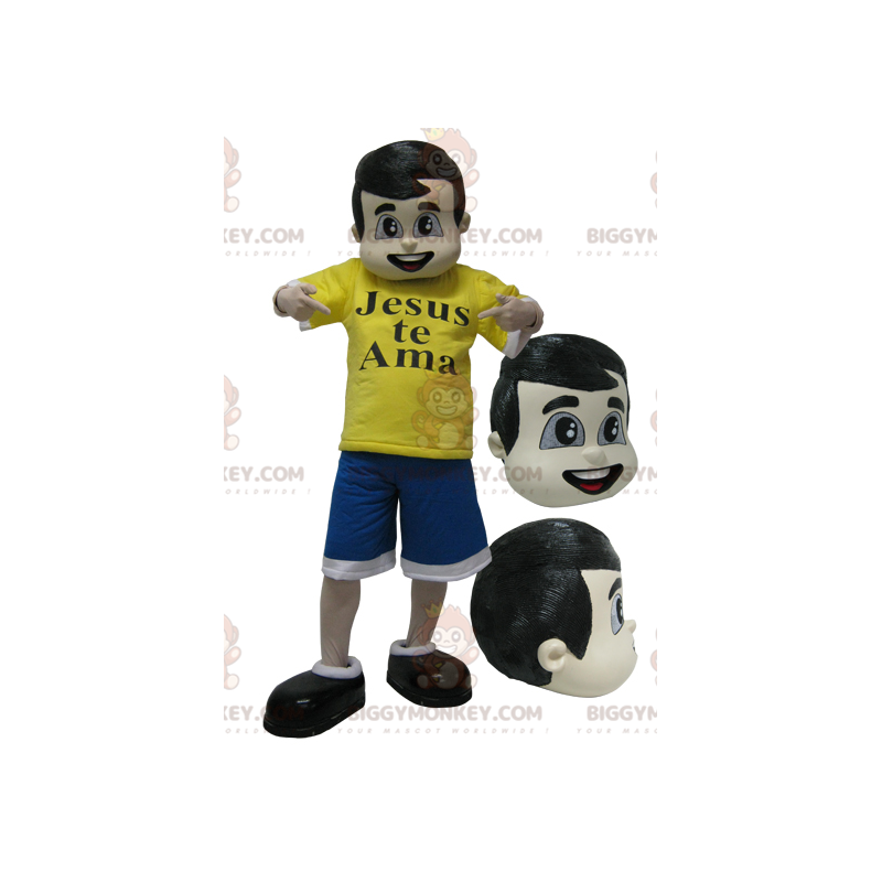 Brown boy BIGGYMONKEY™ mascot costume dressed in blue and
