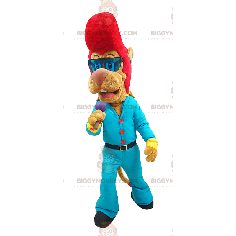 Traje de mascote de leão roqueiro BIGGYMONKEY™ com cabelo ruivo