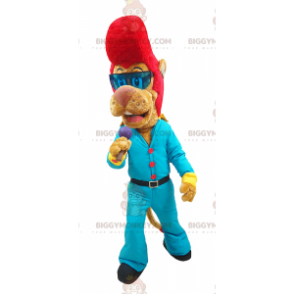 Traje de mascote de leão roqueiro BIGGYMONKEY™ com cabelo ruivo