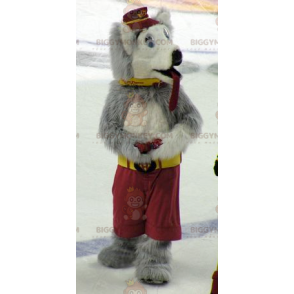 Κοστούμι μασκότ σκύλου με γκρίζο και λευκό λύκο BIGGYMONKEY™ -