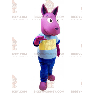 BIGGYMONKEY™ Ροζ κοστούμι μασκότ καγκουρό με πολύχρωμη στολή -