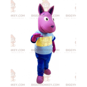 BIGGYMONKEY™ Pink Kangaroo Mascot Costume With Colorful Outfit