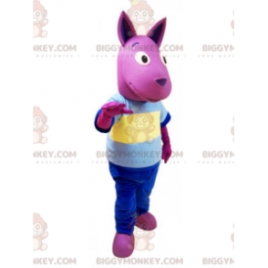 BIGGYMONKEY™ vaaleanpunainen kenguru-maskottiasu värikkäällä