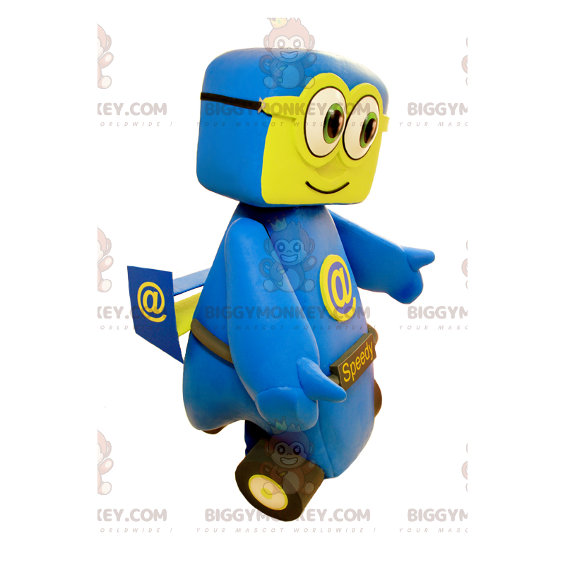 Costume de mascotte BIGGYMONKEY™ de voiture bleue et jaune.