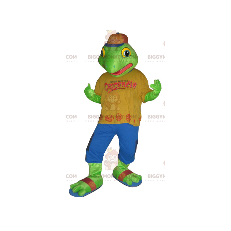 Grüner Frosch BIGGYMONKEY™ Maskottchenkostüm in buntem Outfit -