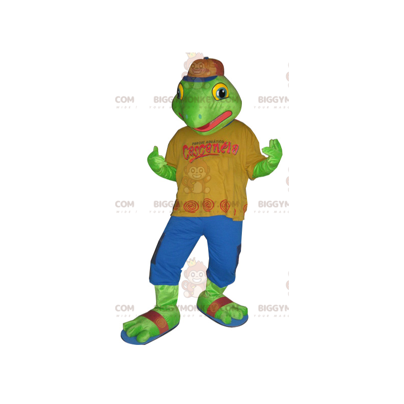 Kostým maskota zelené žáby BIGGYMONKEY™ v barevném oblečení –
