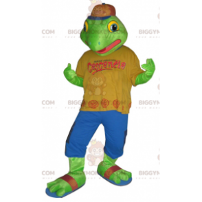 Grüner Frosch BIGGYMONKEY™ Maskottchenkostüm in buntem Outfit -