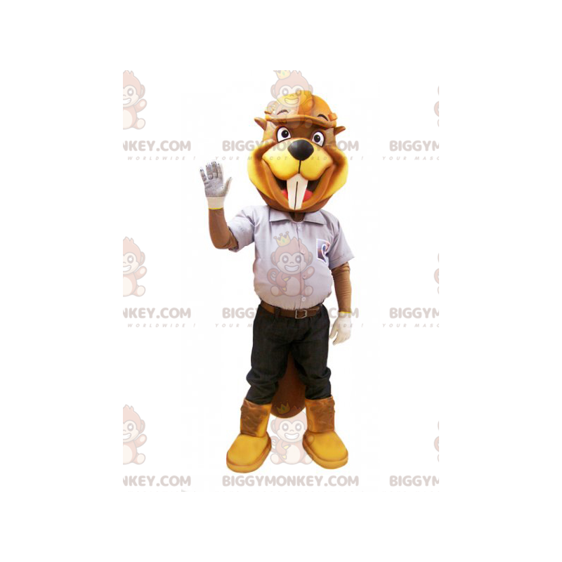 BIGGYMONKEY™ Mascot Costume Yellow & Brown Beaver In Workwear –