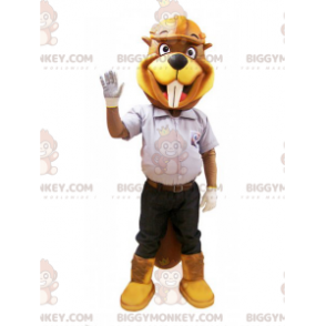 Traje de mascote BIGGYMONKEY™ Castor amarelo e marrom em traje