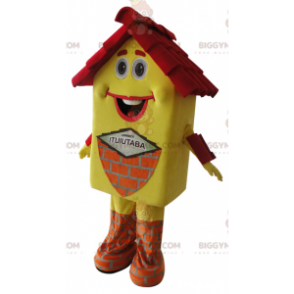 Mycket leende gult och rött hus BIGGYMONKEY™ maskotdräkt -