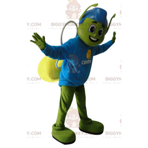 Πράσινη και κίτρινη στολή μασκότ BIGGYMONKEY™ με μπλε κράνος -
