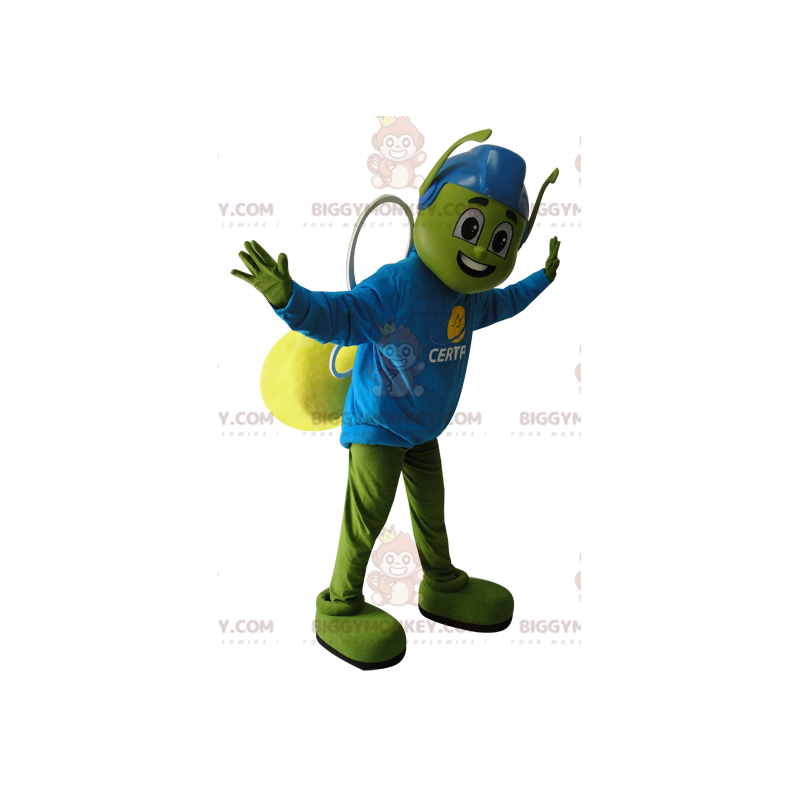 Πράσινη και κίτρινη στολή μασκότ BIGGYMONKEY™ με μπλε κράνος -