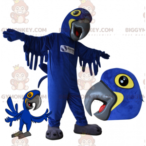 Traje de mascote de papagaio azul e amarelo BIGGYMONKEY™.