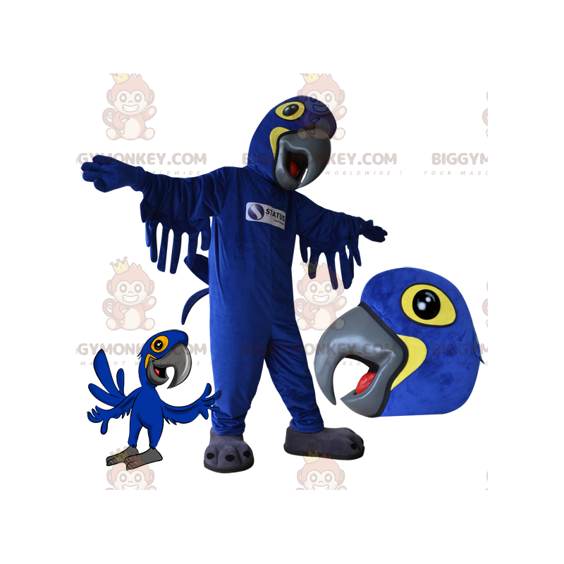Traje de mascote de papagaio azul e amarelo BIGGYMONKEY™.