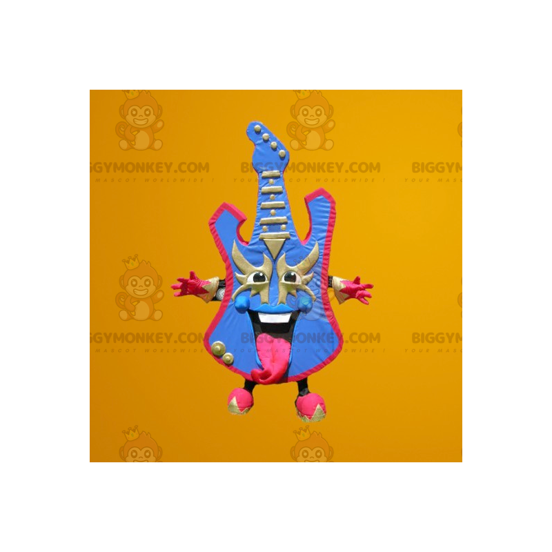 Fantasia de mascote azul e rosa para guitarra elétrica
