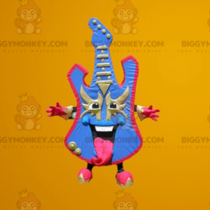 Fantasia de mascote azul e rosa para guitarra elétrica