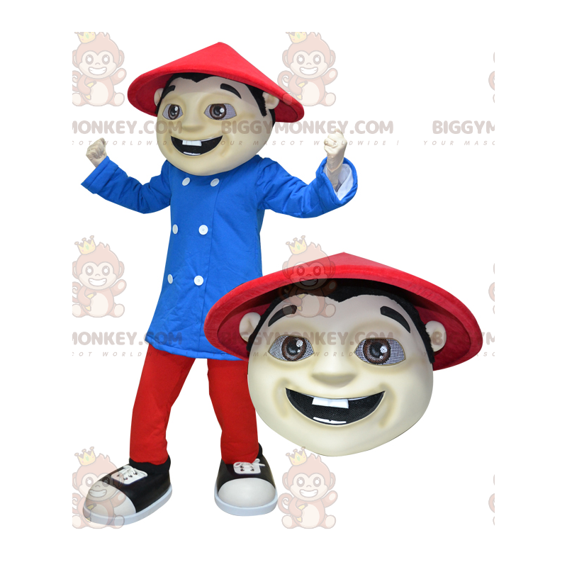 BIGGYMONKEY™ Costume da mascotte uomo asiatico vestito di rosso