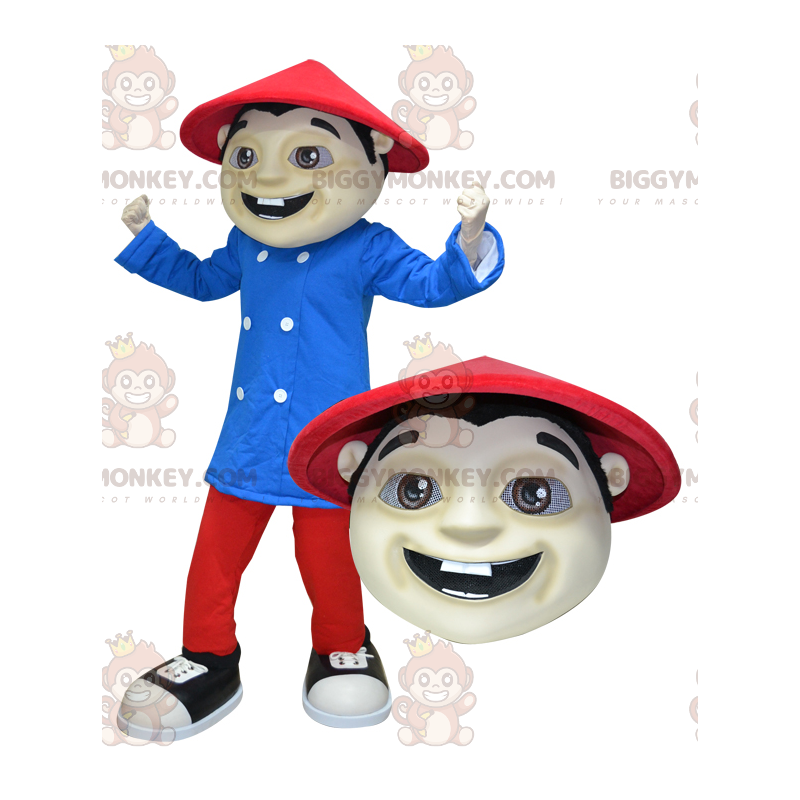 BIGGYMONKEY™ Mascot Costume Asian Man Dressed in Red and Blue -