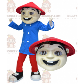 BIGGYMONKEY™ Mascot Costume Asian Man Dressed in Red and Blue –