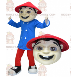 BIGGYMONKEY™ Maskotdräkt Asiatisk man klädd i rött och blått -