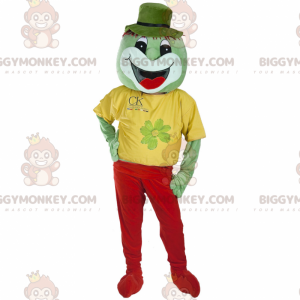 BIGGYMONKEY™ maskotkostume af smilende grønt væsen klædt i rødt