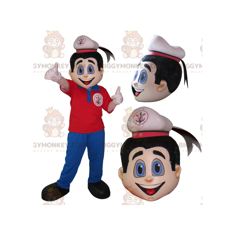 Traje de mascote Seaman Sailor BIGGYMONKEY™ em roupa vermelha e