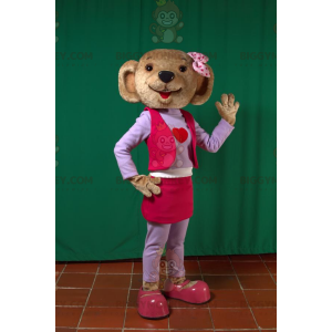 BIGGYMONKEY™ maskotdräkt av brun björn i rosa och lila outfit -