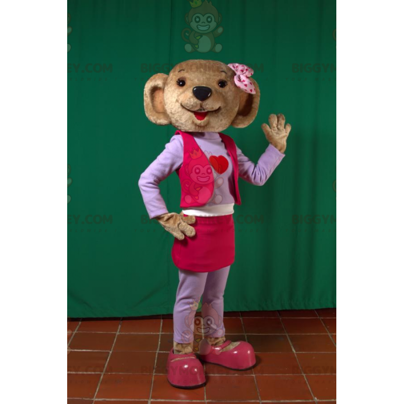 BIGGYMONKEY™ maskotkostume af brun bjørn i pink og lilla outfit
