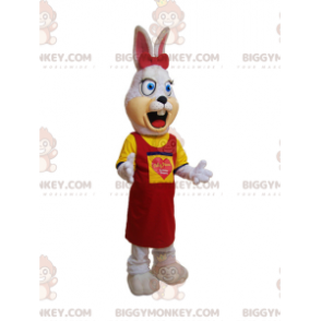 BIGGYMONKEY™ harig wit konijn mascottekostuum gekleed in geel