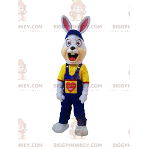 Boos wit konijn BIGGYMONKEY™ mascottekostuum gekleed in blauwe