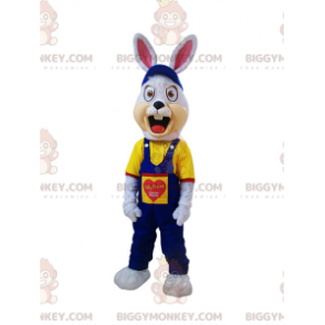 Angry White Rabbit BIGGYMONKEY™ Mascot Costume Dressed In Blue