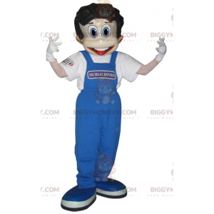 Boy BIGGYMONKEY™ Mascot Costume Dressed in Blue Overalls –