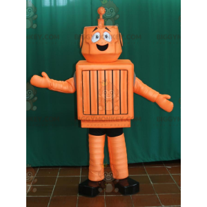 Bonito disfraz de mascota robot naranja y negro sonriente