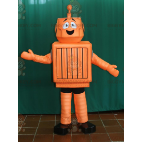 Bonito disfraz de mascota robot naranja y negro sonriente