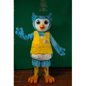 Blau-weißes Eulen-BIGGYMONKEY™-Maskottchen-Kostüm mit gelber