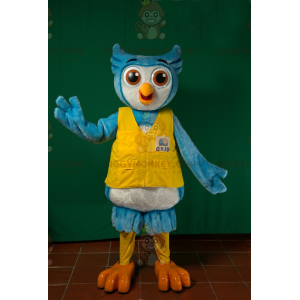 Blue and White Owl BIGGYMONKEY™ Mascot Costume with Yellow Vest