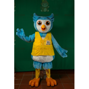 Blue and White Owl BIGGYMONKEY™ Mascot Costume with Yellow Vest
