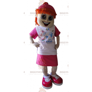 Fato de mascote BIGGYMONKEY™ para ruiva vestida de rosa e