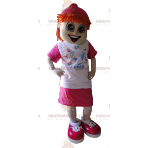 Rödhårig tjej BIGGYMONKEY™ maskotdräkt klädd i rosa och vitt -