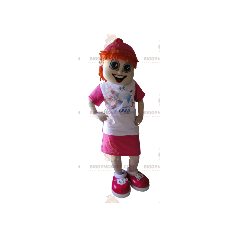 Rödhårig tjej BIGGYMONKEY™ maskotdräkt klädd i rosa och vitt -